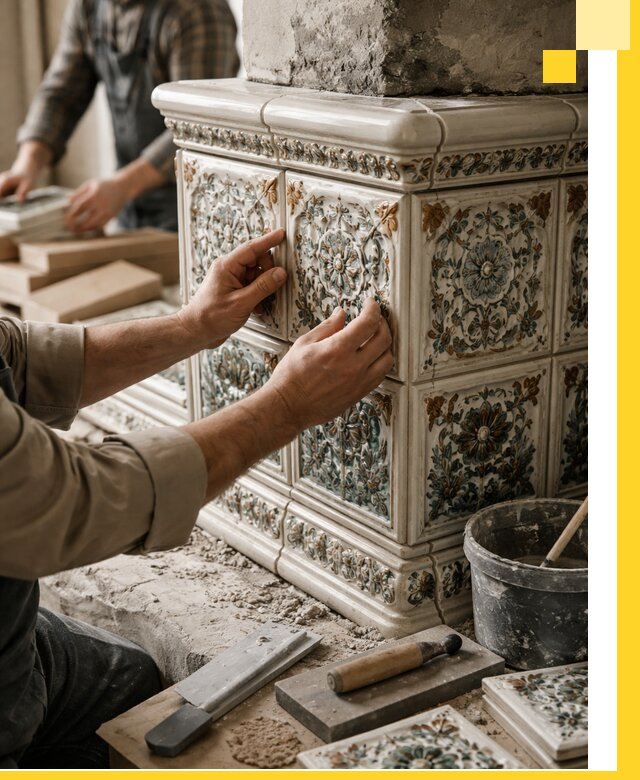 Изразцовые камины под ключ в Карасуке: проект и монтаж