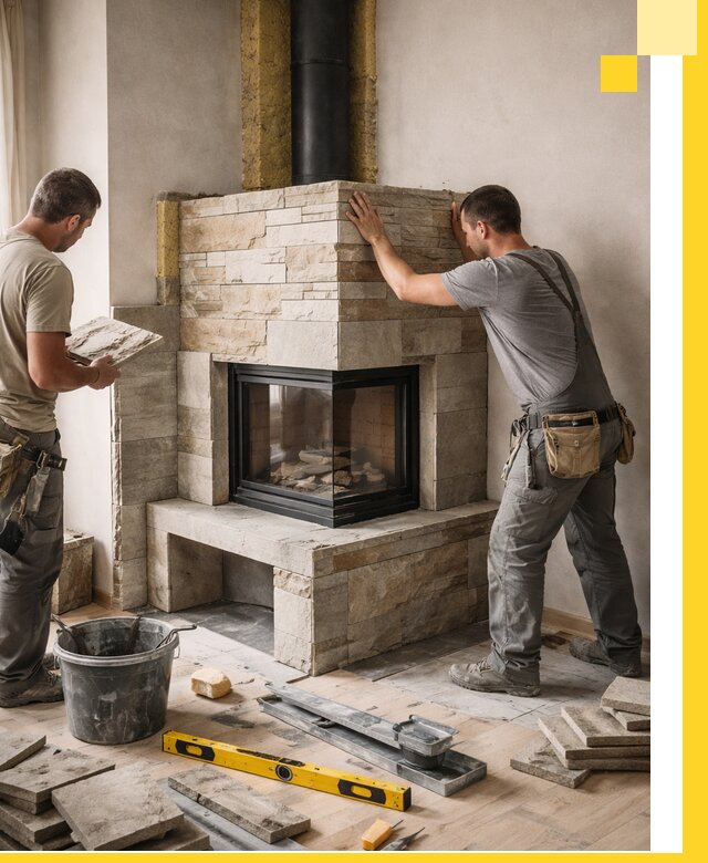 Угловые камины под ключ проект, монтаж и отделка в Карасуке