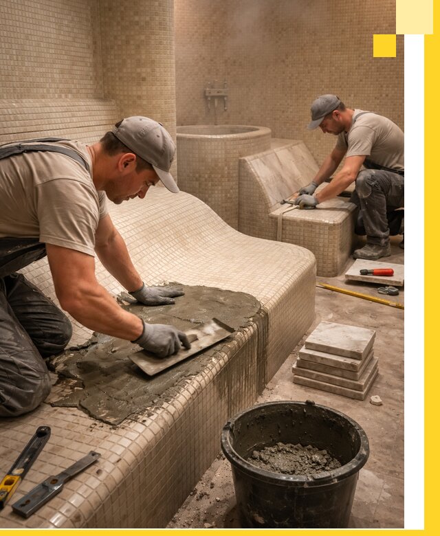 Лежаки для хамама под ключ в Карасуке, проект и монтаж