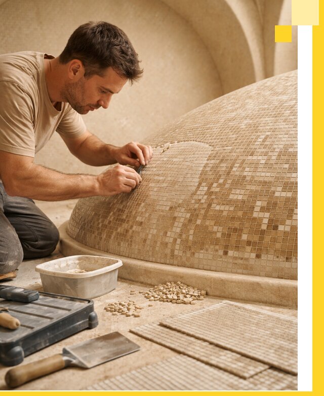 Профессиональная укладка мозаики для хамама под ключ в Карасуке